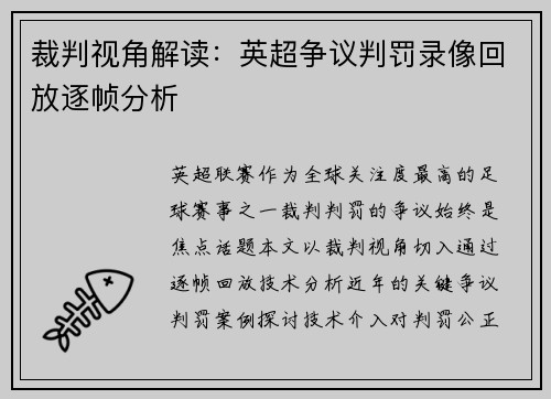 裁判视角解读：英超争议判罚录像回放逐帧分析